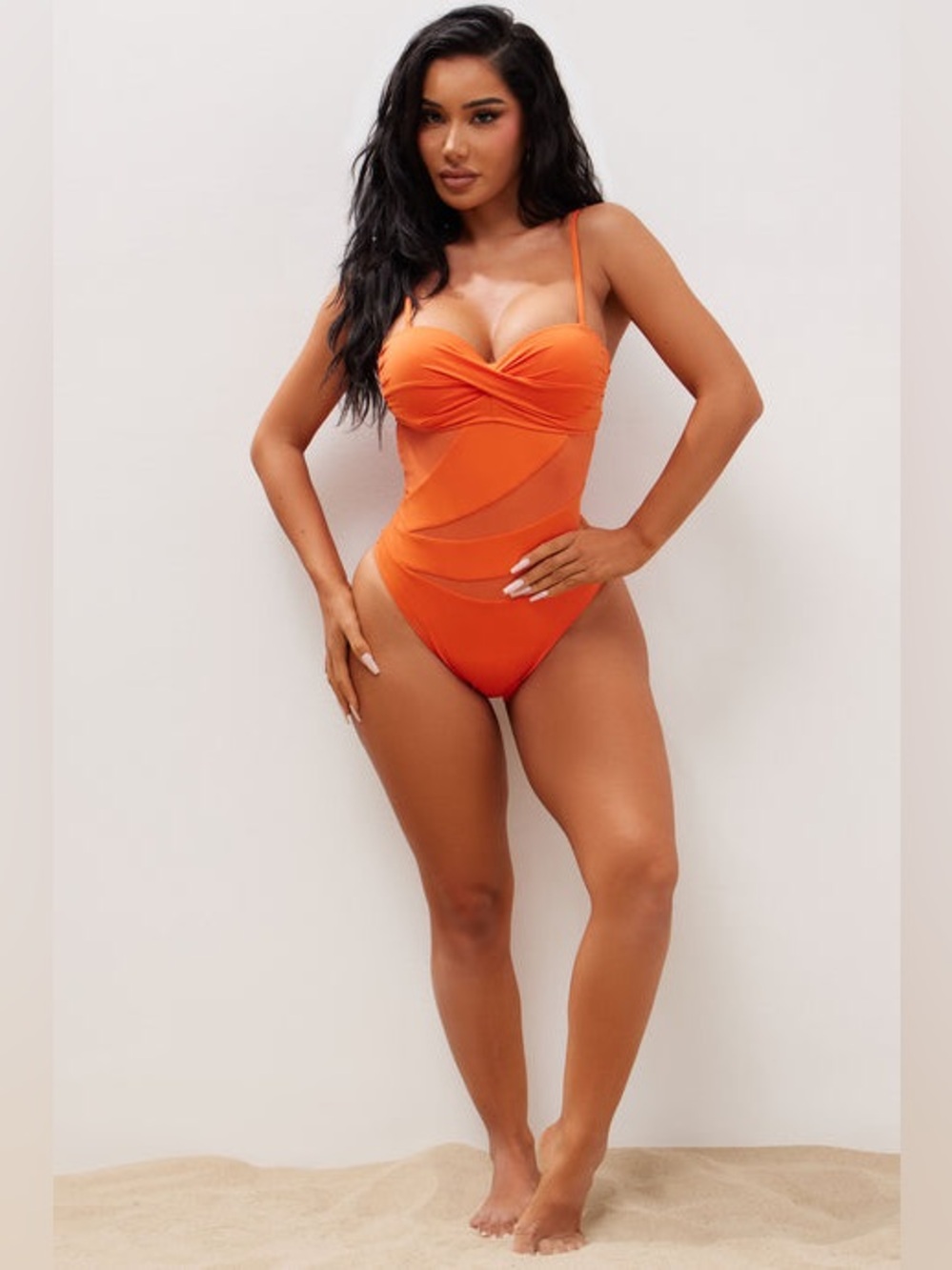 🧡🍊Sculpting Orange One-Piece Swimsuit with Sheer Panels 🍊🧡